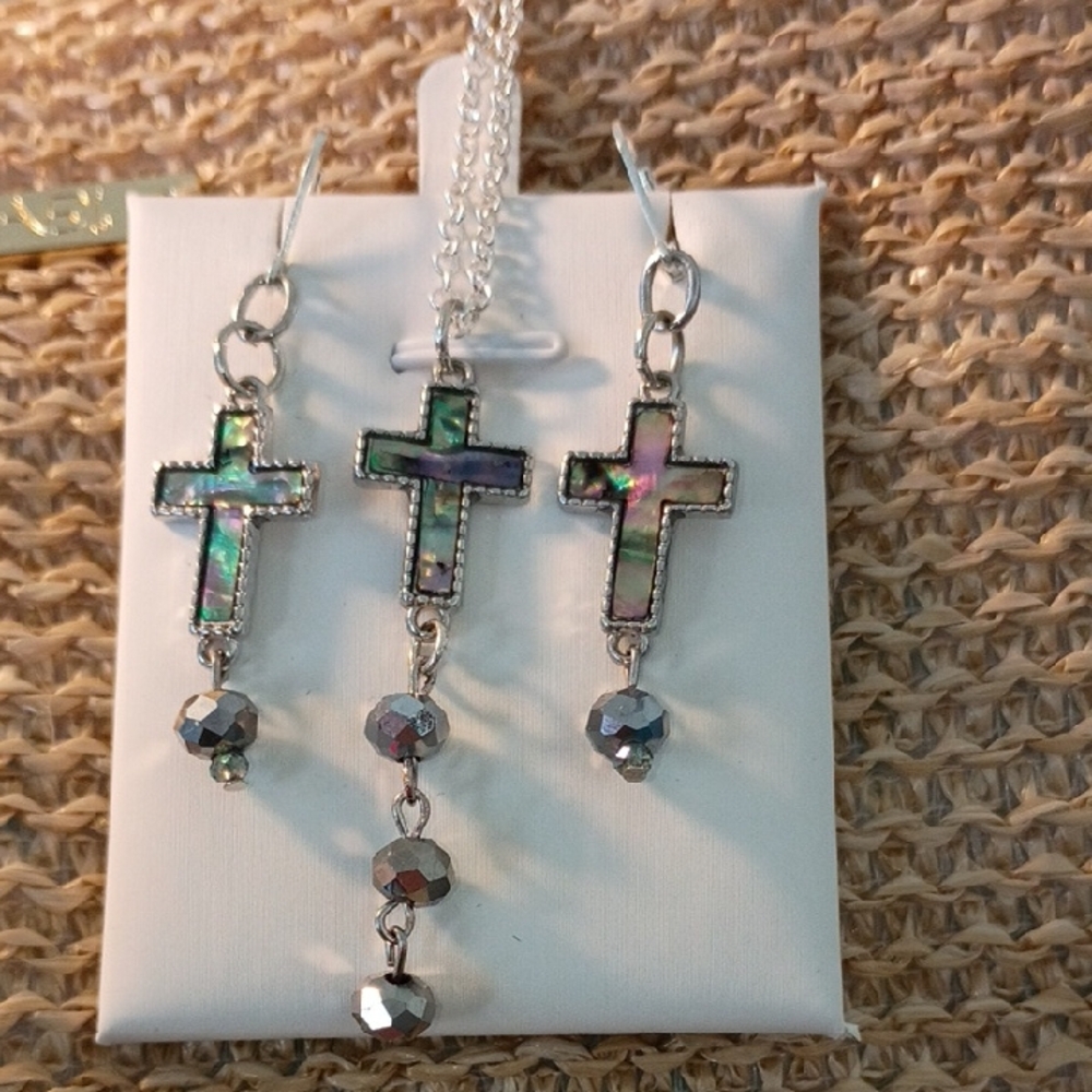 Elegant Silver Cross Earrings with Iridescent Accents